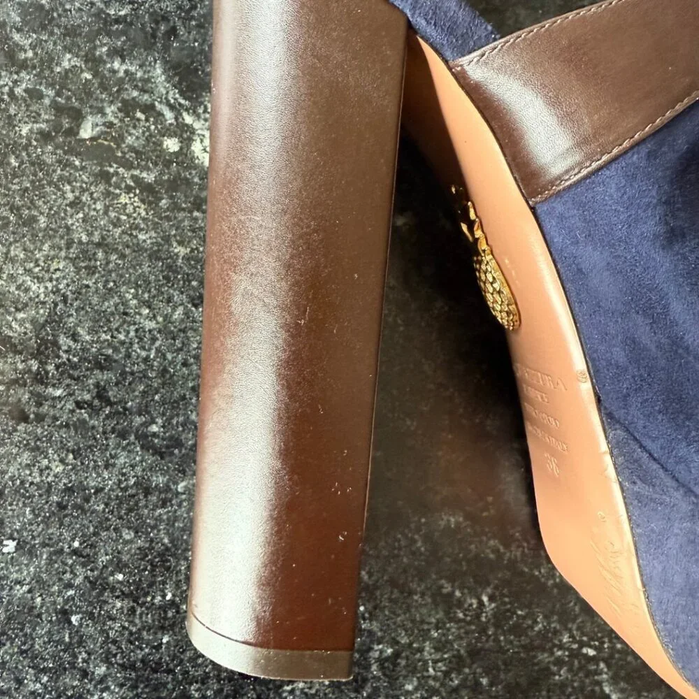 Aquazzura Kaya Plateau 140 In Navy Suede Platform Heel Sandals Womens Size 36